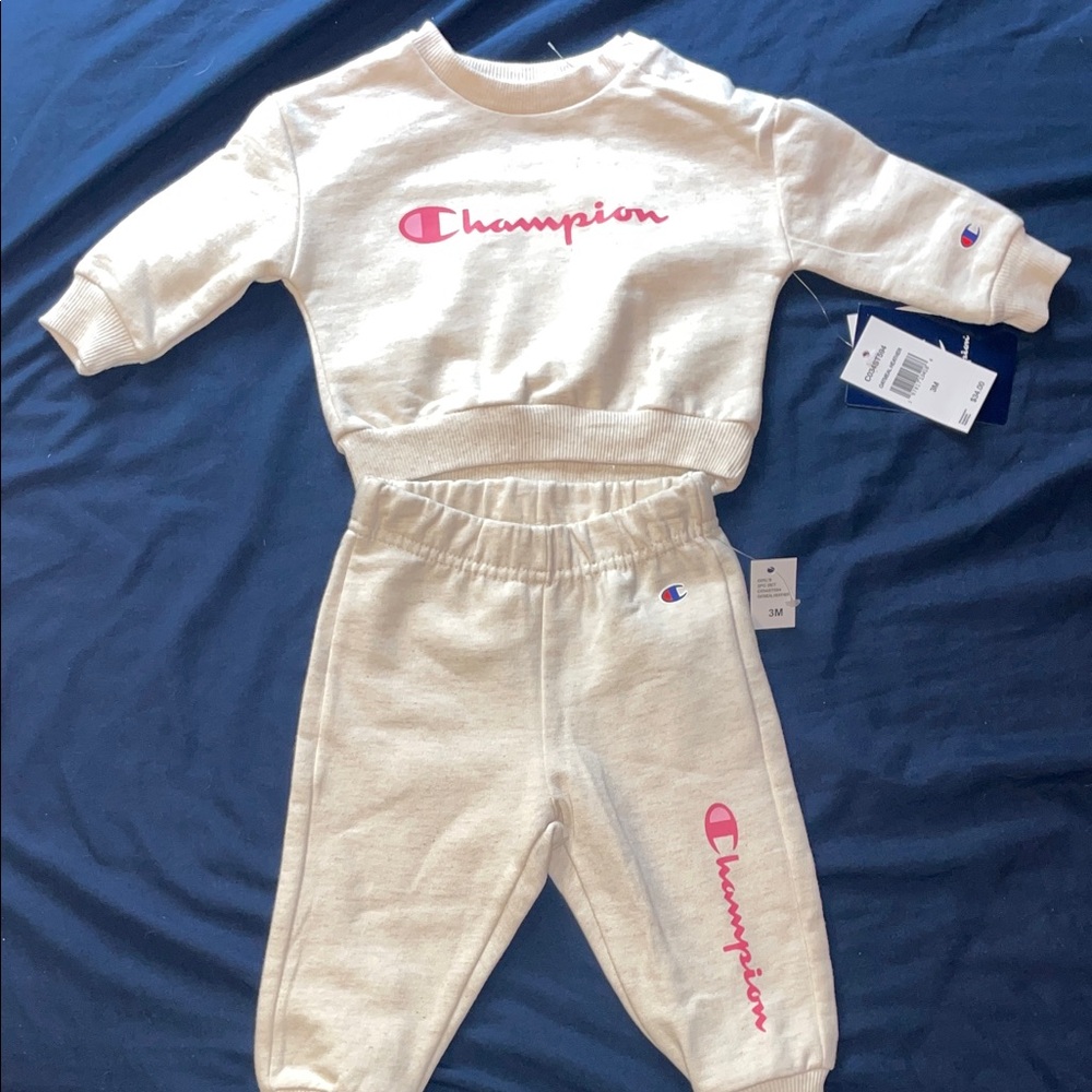 Champion Kids Cream Jogger Set with Pink Logo